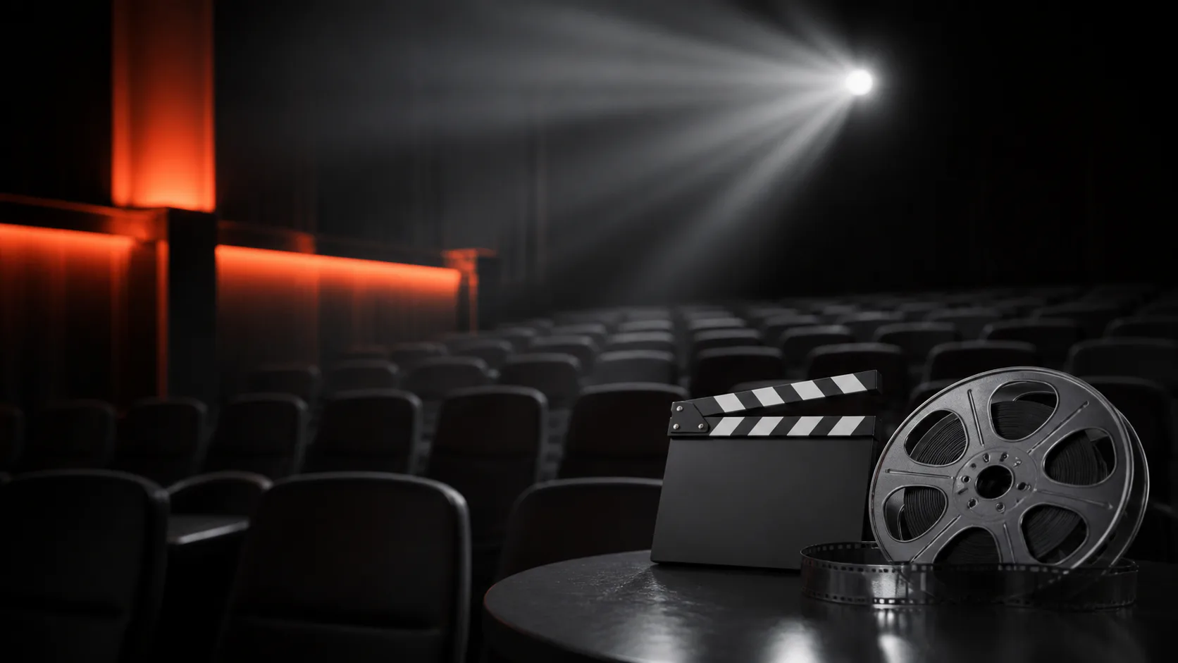 Donkere bioscoopzaal met projector, filmklapper en filmrol