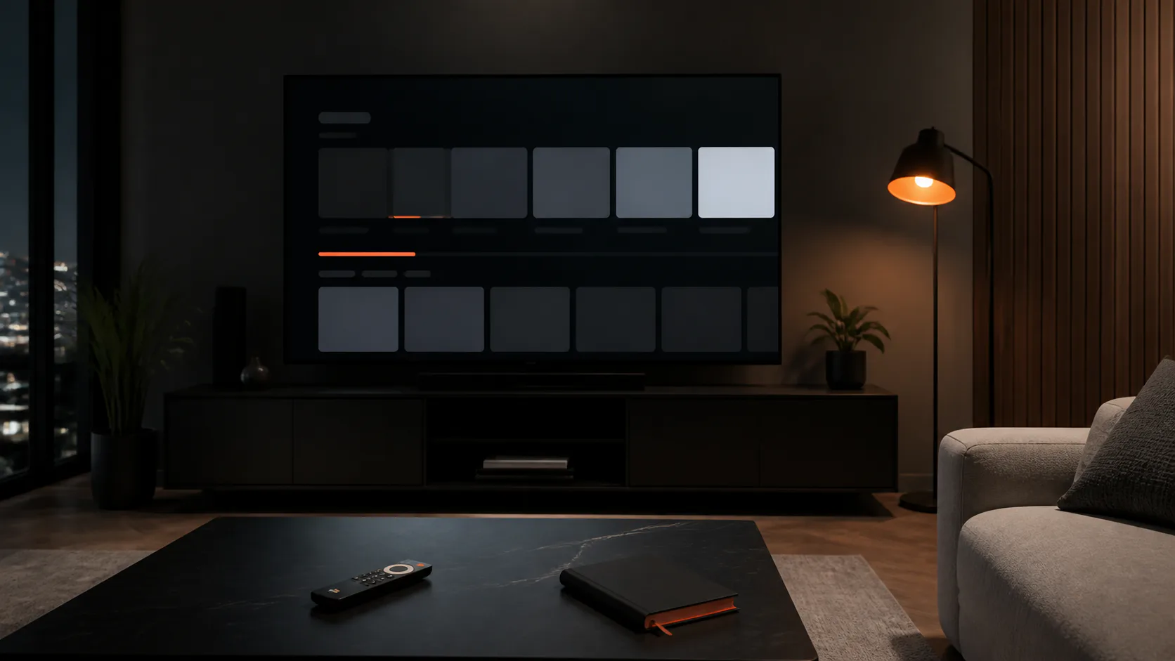 Woonkamer met televisie en abstracte serie-overzichten