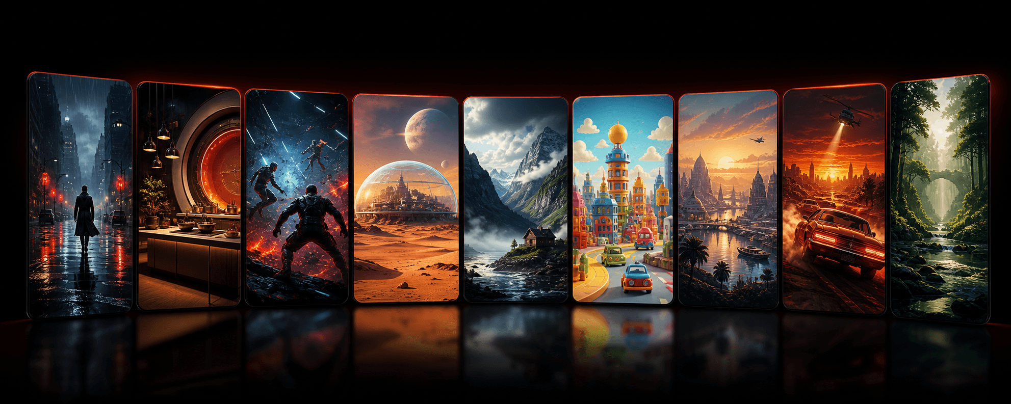 Tweede set originele fictieve showcasekaarten zonder echte titels of logo's